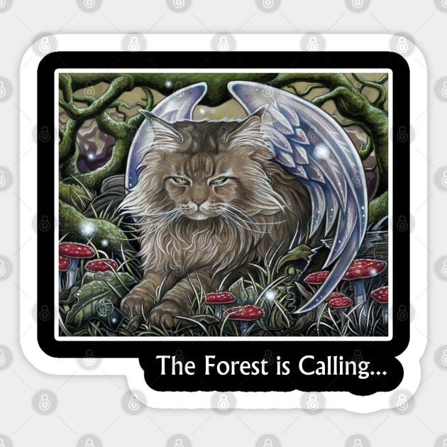 Cat Forest Spirit - The Forest is Calling - White Outlined Version Sticker by Nat Ewert Art